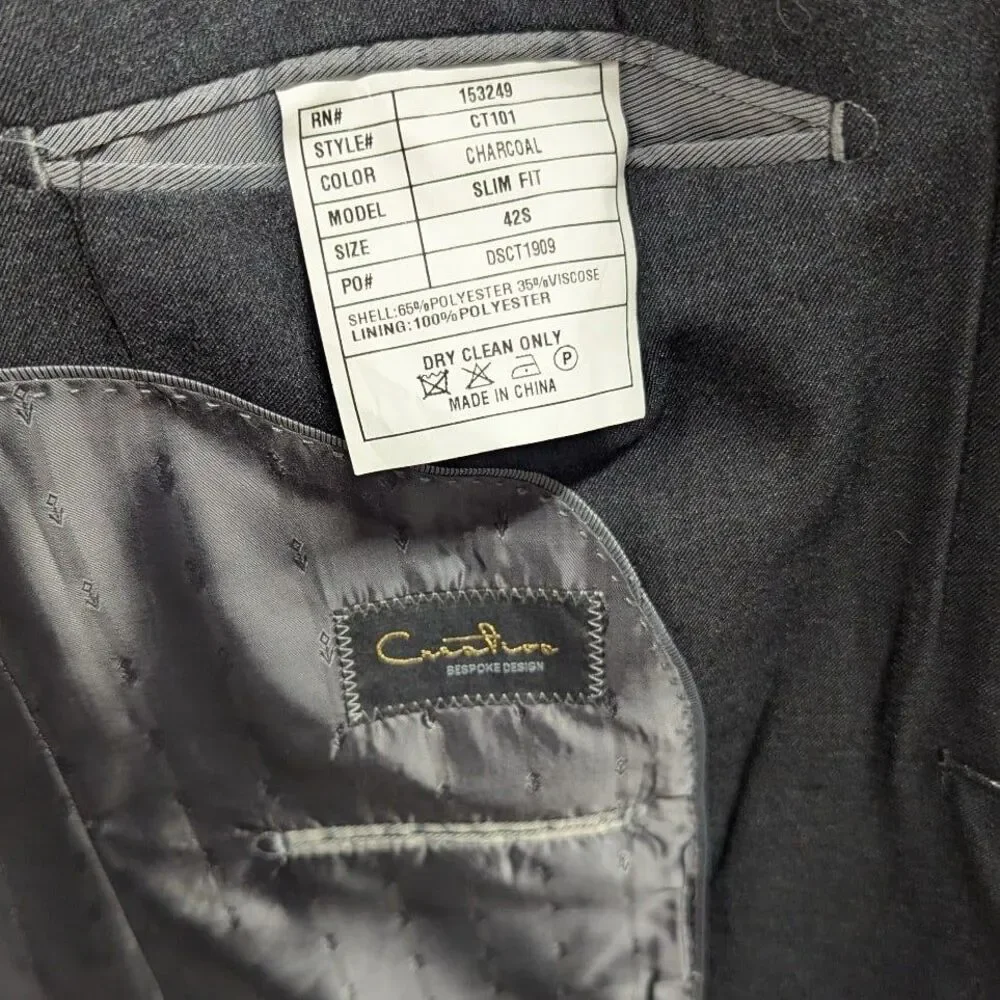 Creation Bespoke Design‎ Charcoal Gray Slim Fit Suit 42S Blazer 33 x 30.5 pants